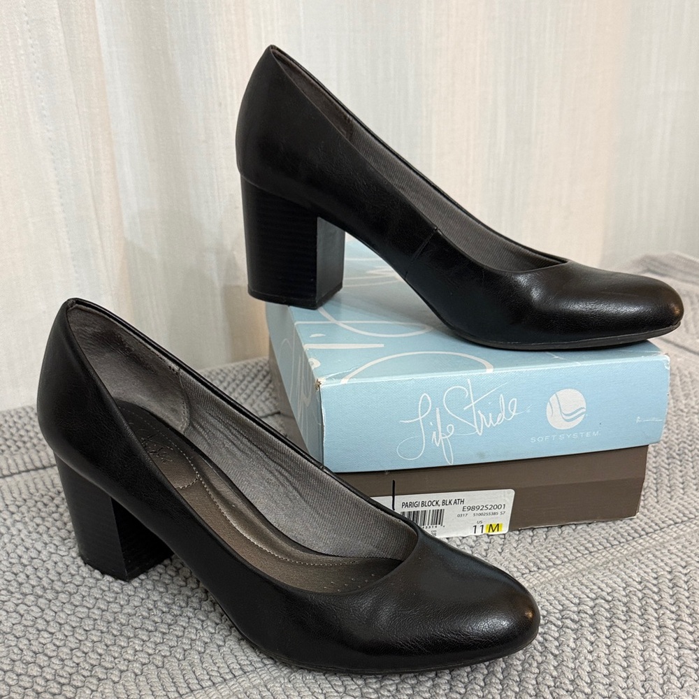 Life Stride Women’s Black Block Heel Rounded Toe Heel Shoes Sz 11